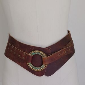 VTG Bebe Womens Leather Wide Belt Swarovski Element Turquoise Buckle Sz S Boho